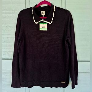 NWT Anne Klein Black Sweater with White Collar Trim Large Preppy Classic